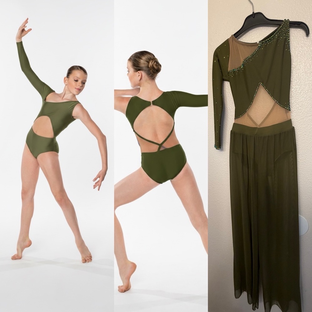AA dance design solo costume green 2 piece rhinestoned Arise pants leotard XSA